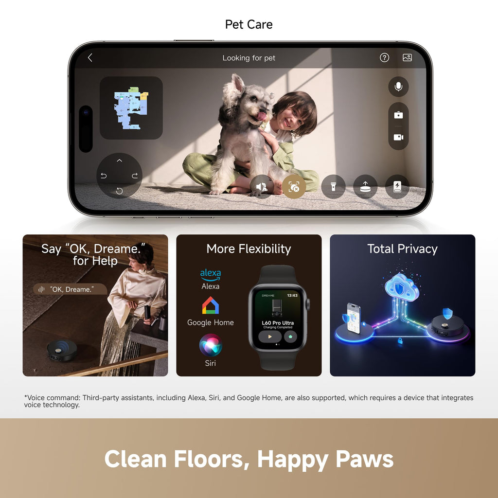 DREAME L60 Ultra Robot Vacuum and Mop, 35,000Pa Suction, Detangling Brush, AI-Enhanced 3D ToF Vision, 100℃ Mop Self-Cleaning, 280+ Object Types, Extendable Side Brush and Mop, White