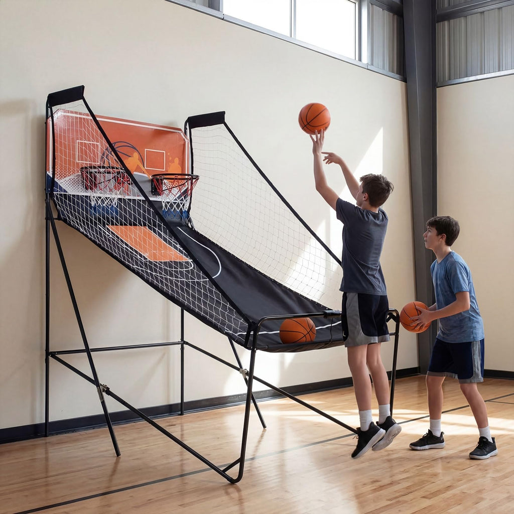 GYMAX Arcade Basketball Game Indoor Foldable with 8 Game Modes, Arcade Sound, 4 Balls and Inflation Pump, Electronic Basketball Games for Home