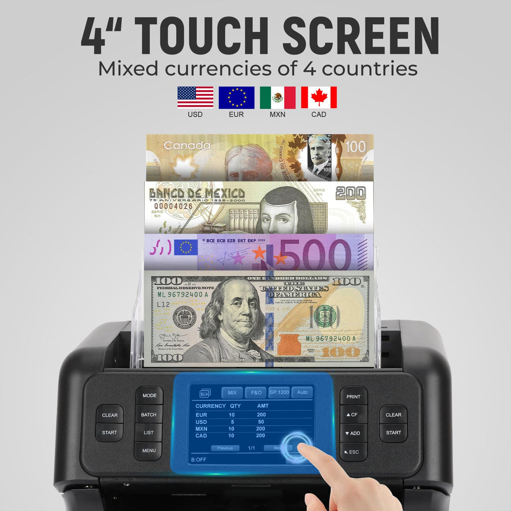 NUCOUN Mixed Denomination Money Counter Machine,Mixed Value Bill Counter and Sorter,with Reject Pocket,Multi Currency Note Counter,Counterfeit Detection 2 CIS/UV/MG/IR,4 inch Touch Screen,SN Record