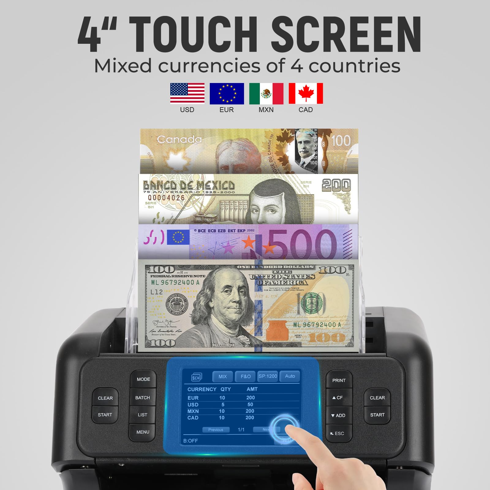 NUCOUN Mixed Denomination Money Counter Machine,Mixed Value Bill Counter and Sorter,with Reject Pocket,Multi Currency Note Counter,Counterfeit Detection 2 CIS/UV/MG/IR,4 inch Touch Screen,SN Record