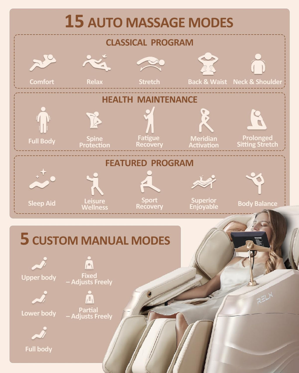 RELX 2026 Massage Chair Full Body, 20 Modes Zero Gravity SL-Track Shiatsu Massage Chair Built-in Heat System, Airbag Massage with Body Scan, Deep Yoga Stretch, Calfrest Extension and AI Control(White)
