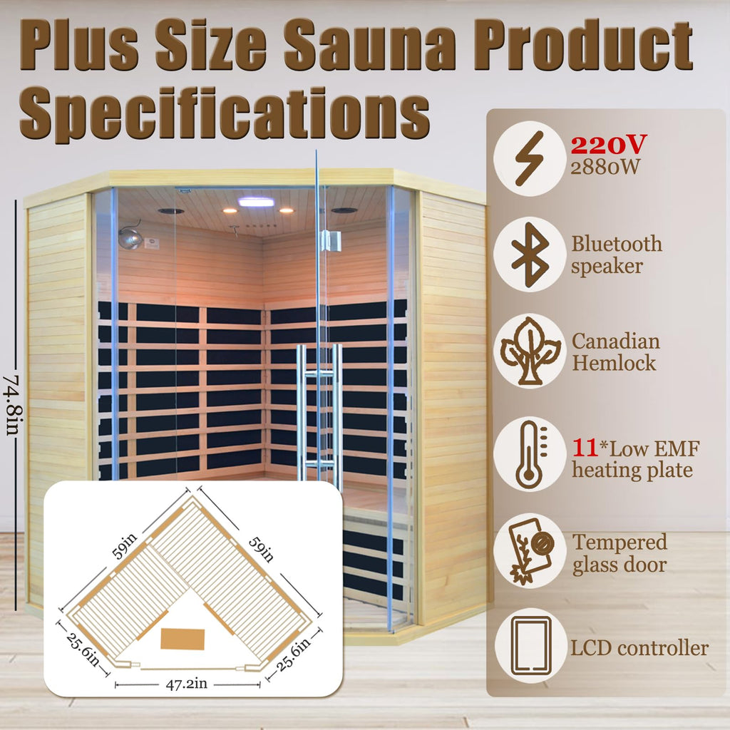1350W Far Infrared Home Sauna, Energy-Efficient Fast-Heating Indoor Sauna Room with Bluetooth & 7-Color Therapy, Canadian Hemlock Wood, Modular Design - Ideal for Home Gym, Family Relaxation