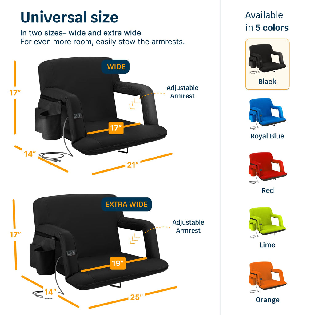 Alpcour Heating Massage Stadium Seat – Deluxe Reclining Bleacher Chair with Back & Arm Support – Built-in Heater and Massager - Extra Thick, Lightweight and Waterproof with Detachable Pockets