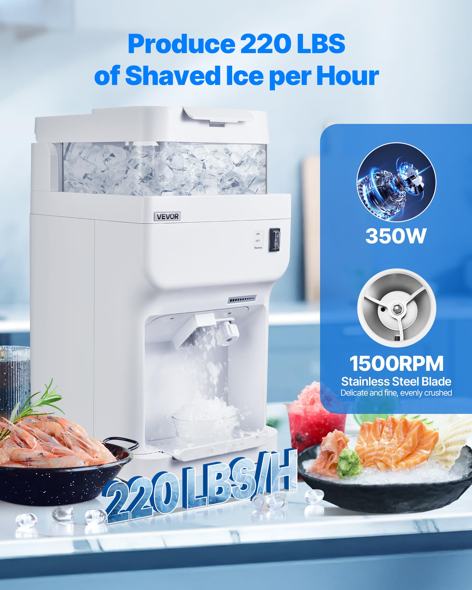 VEVOR Ice Shaver Machine Electric Snow Cone Machine, 265 LBS/H Shaved Ice Machine 250W Ice Crusher Triple Blades Tabletop Shaved Ice Maker with Adjustable Fineness for Home and Commercial Use