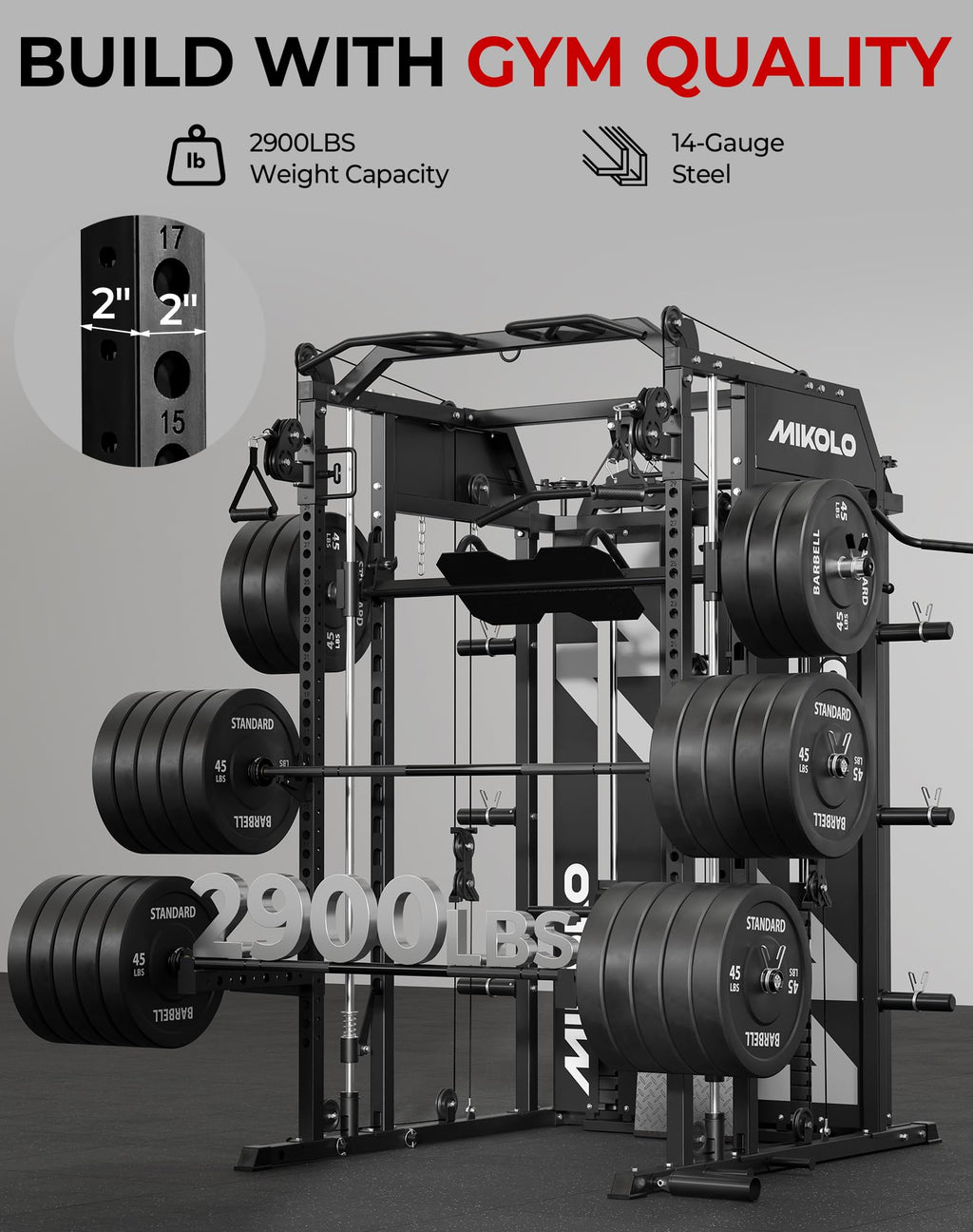 Mikolo Smith Machine with Weight Stack, Power Cage Home Gym System with LAT Pulldown & Cable Crossover, Multi-Functional Trainer with Dual Pulley System, Includes 10+ Free Attachments