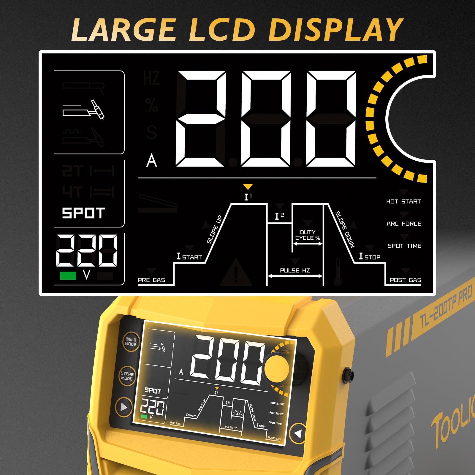 TOOLIOM 220A Cold TIG Welder with DC Pulse, 7 In 1 Cold Spot Lift TIG/Stick Welder with IGBT Inverter, 110&220V Welding Machine with Large Digital Display 2T/4T/4T Repeat Mode TIG Welding Equipment