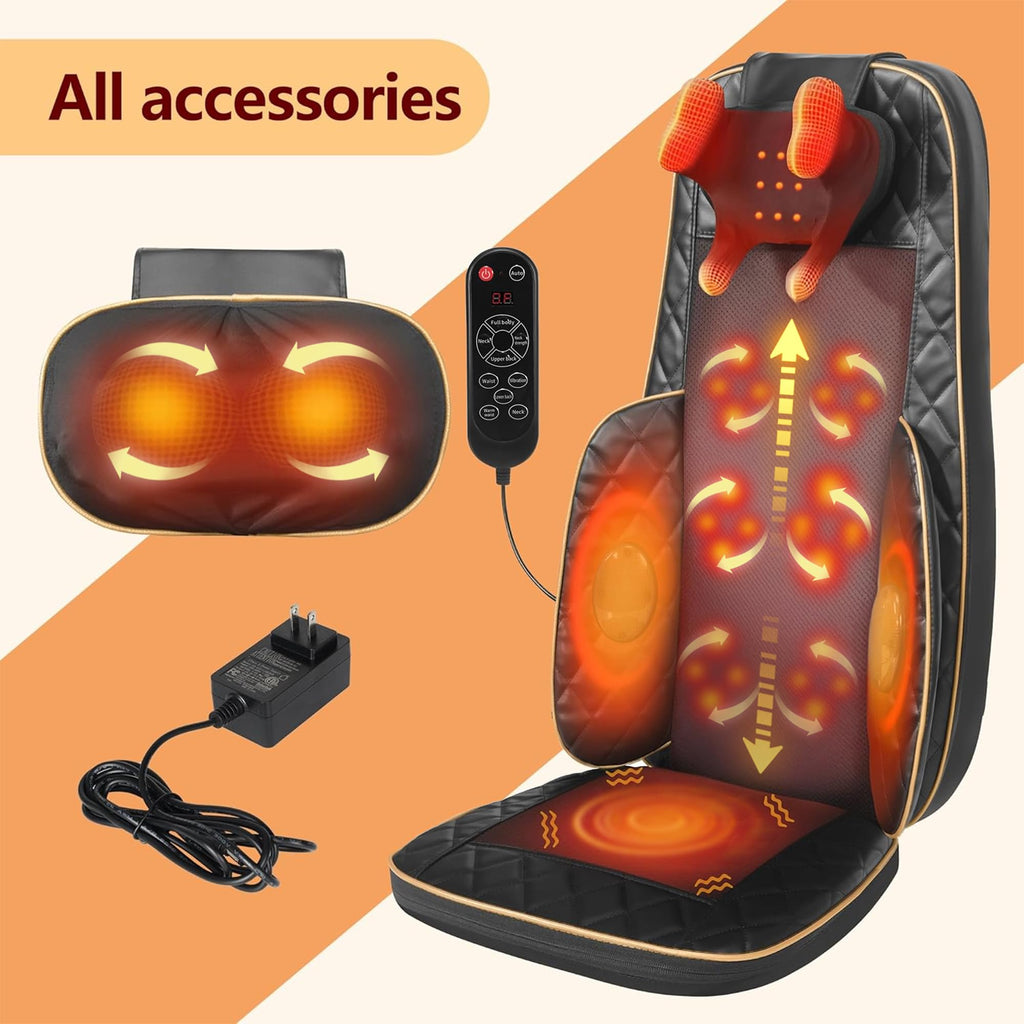 Neck and Back Massager with Heat, Shiatsu Full Back Chair Massager with 2 Detachable Neck Massage Heads, Height Adjustable Deep Kneading & Rolling Back Massage, Seat Vibration for Home Office Gifts