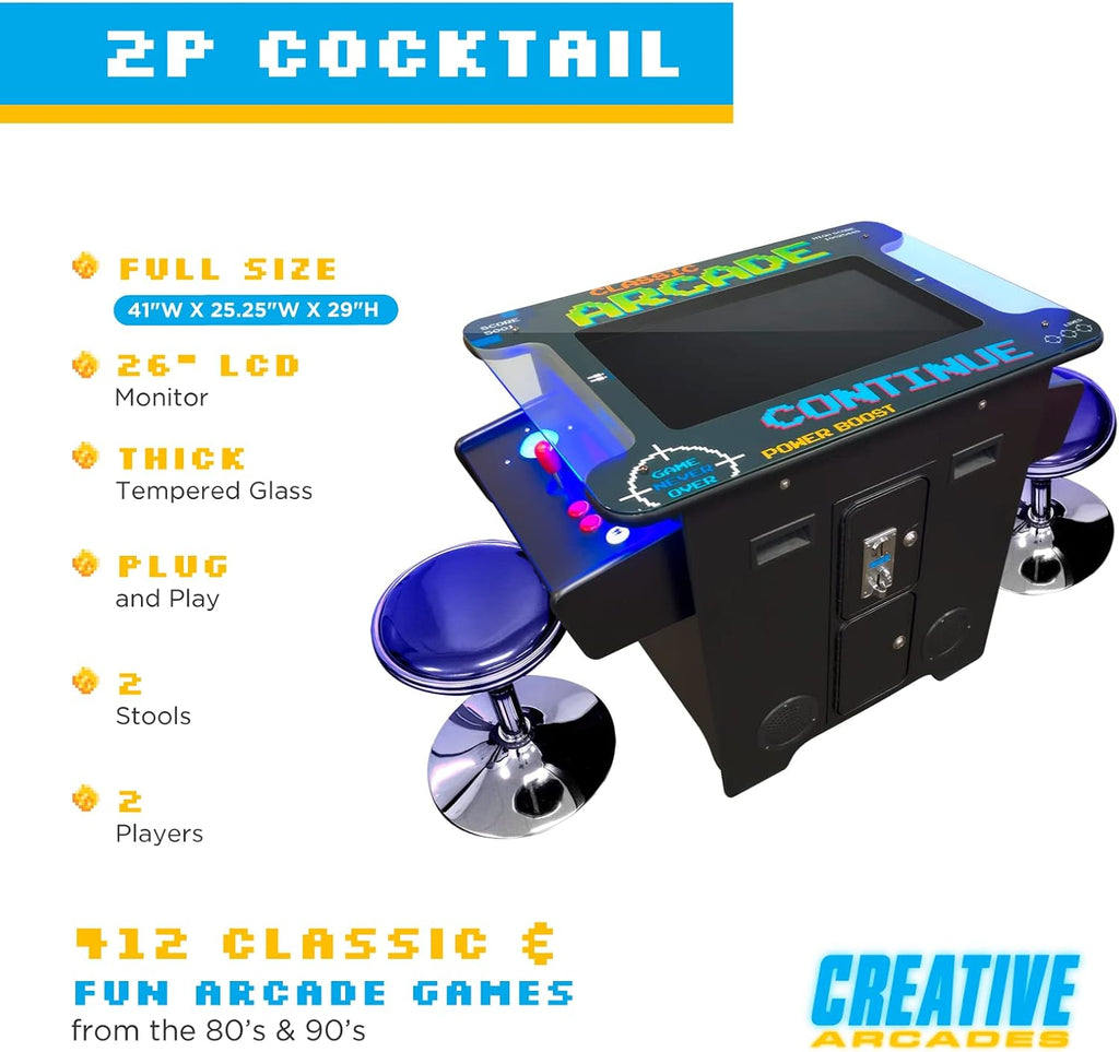 Creative Arcades Full Size Commercial Grade Cocktail Arcade Machine | 2 Player | 412 Games | 26" LCD Screen | Square Glass Top | 2 Sanwa Joysticks | 2 Stools Included | 3 Year Warranty