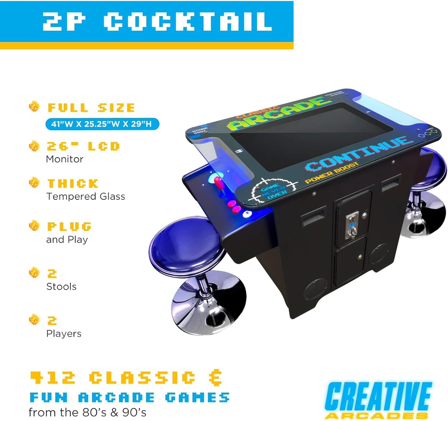 Creative Arcades Full Size Commercial Grade Cocktail Arcade Machine | 2 Player | 412 Games | 26" LCD Screen | Square Glass Top | 2 Sanwa Joysticks | 2 Stools Included | 3 Year Warranty