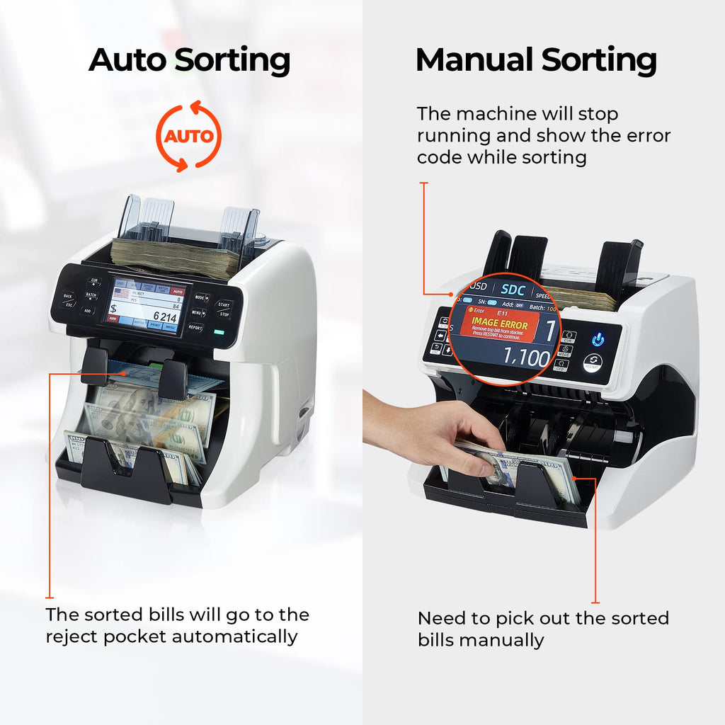 MUNBYN 2-Pocket Money Counter Machine Mixed Denomination, Money Sorter, Built-in Printer, Sort on DENOM/FACE/ORI, Value Counting, 2 CIS/UV/MG/IR Counterfeit Detection, Touch Screen, 2Y Protection