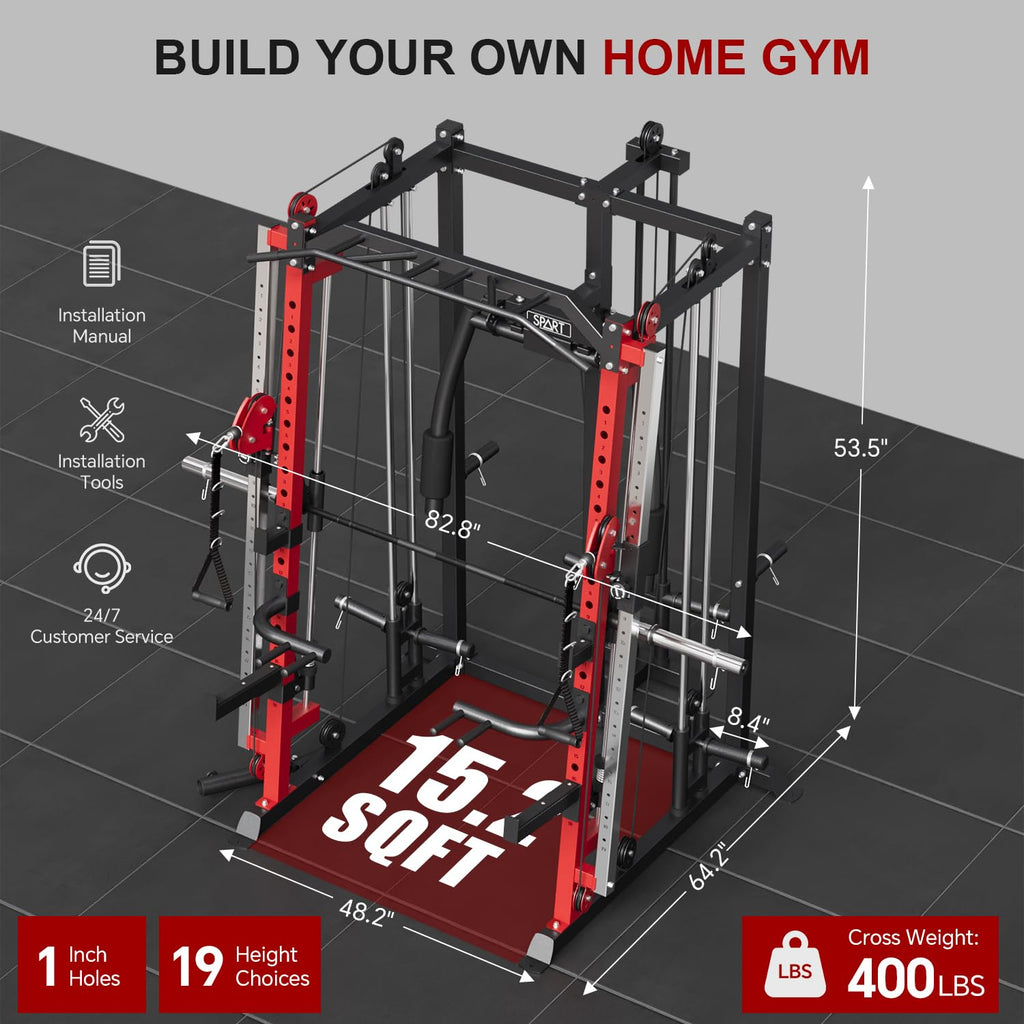 SPART Workout Station Angled Smith Machine with Bench,Cage System-Home Gym Multifunction Rack,Workout Equipment with Smith Bar, LAT Pull-Down Systems, Cable Crossover Machine and Cable Attachment