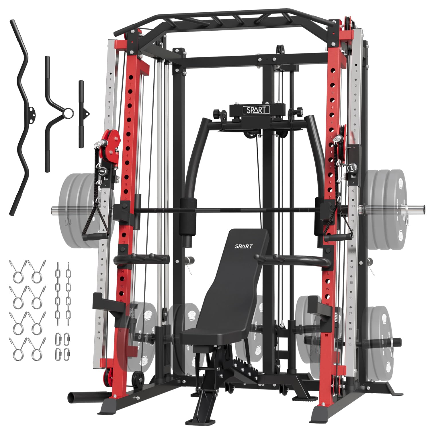 SPART Workout Station Angled Smith Machine with Bench,Cage System-Home Gym Multifunction Rack,Workout Equipment with Smith Bar, LAT Pull-Down Systems, Cable Crossover Machine and Cable Attachment