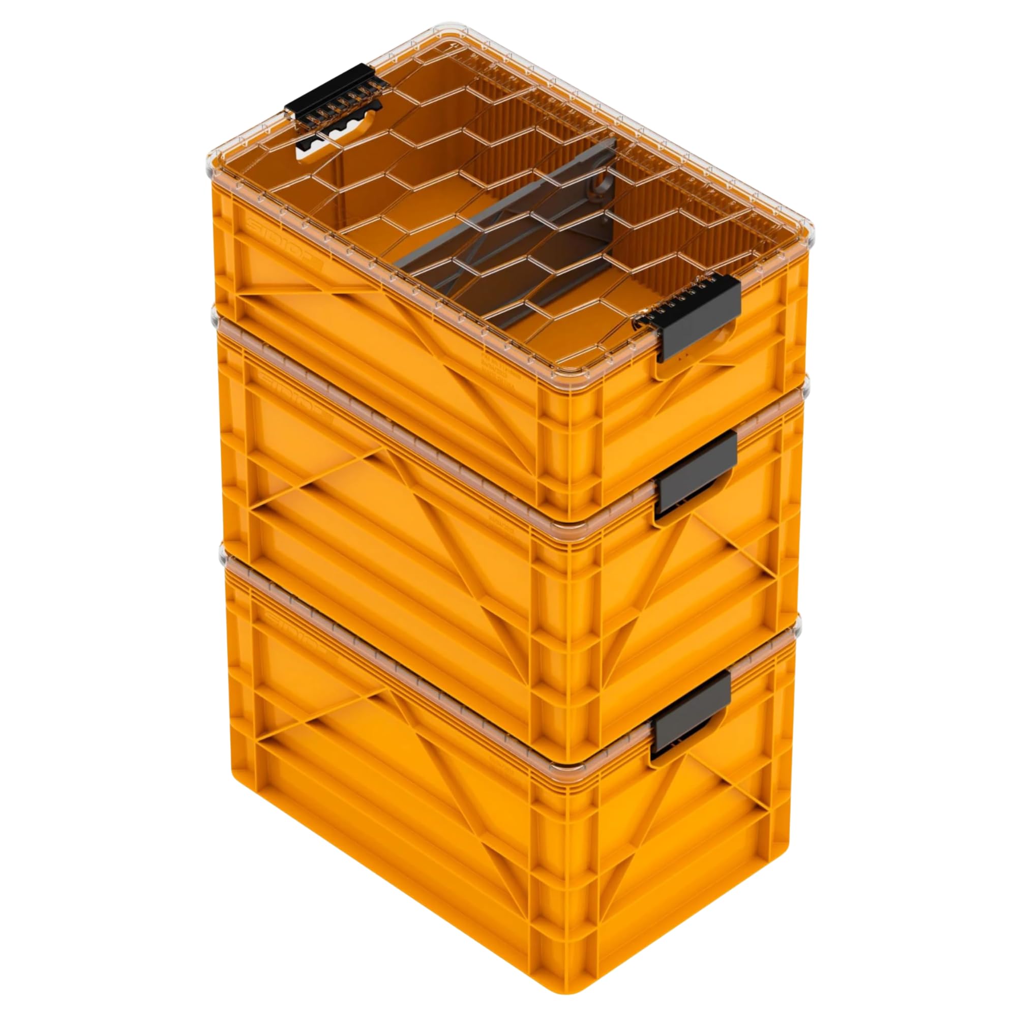 SIDIO CRATE Starter Pack - Two Full Size and One Half Size SidioCrate, Stackable Outdoor Organizer Storage Bins with Clear Lid and Dividers - Tan