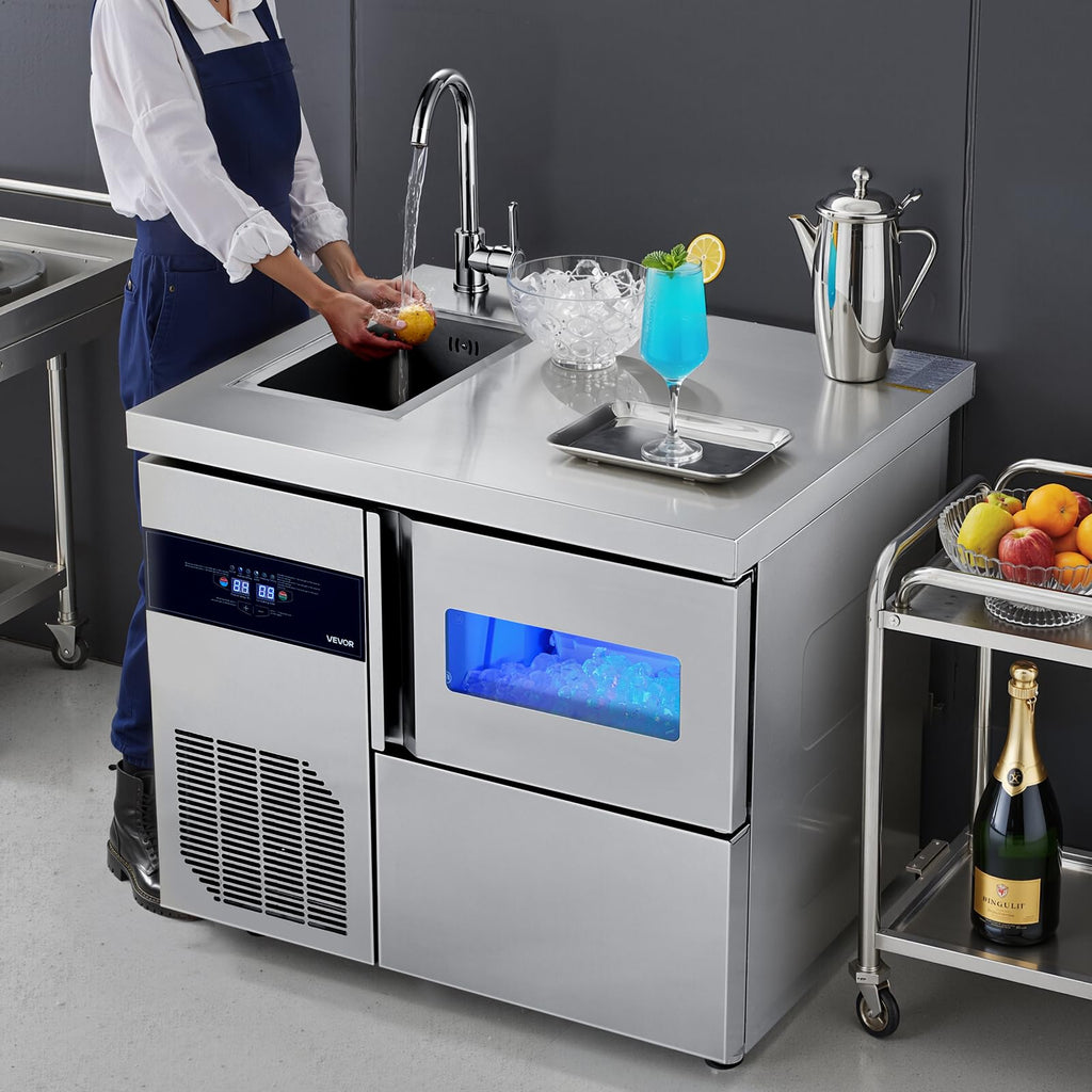 VEVOR Commercial Ice Maker Machine, 330 lbs/24H Stainless Steel Ice Machine with Worktop, 88 lbs Storage & 144 Cubes/Cycle, Self-Cleaning Freestanding Ice-Making for Home Bar Office Restaurant Kitchen