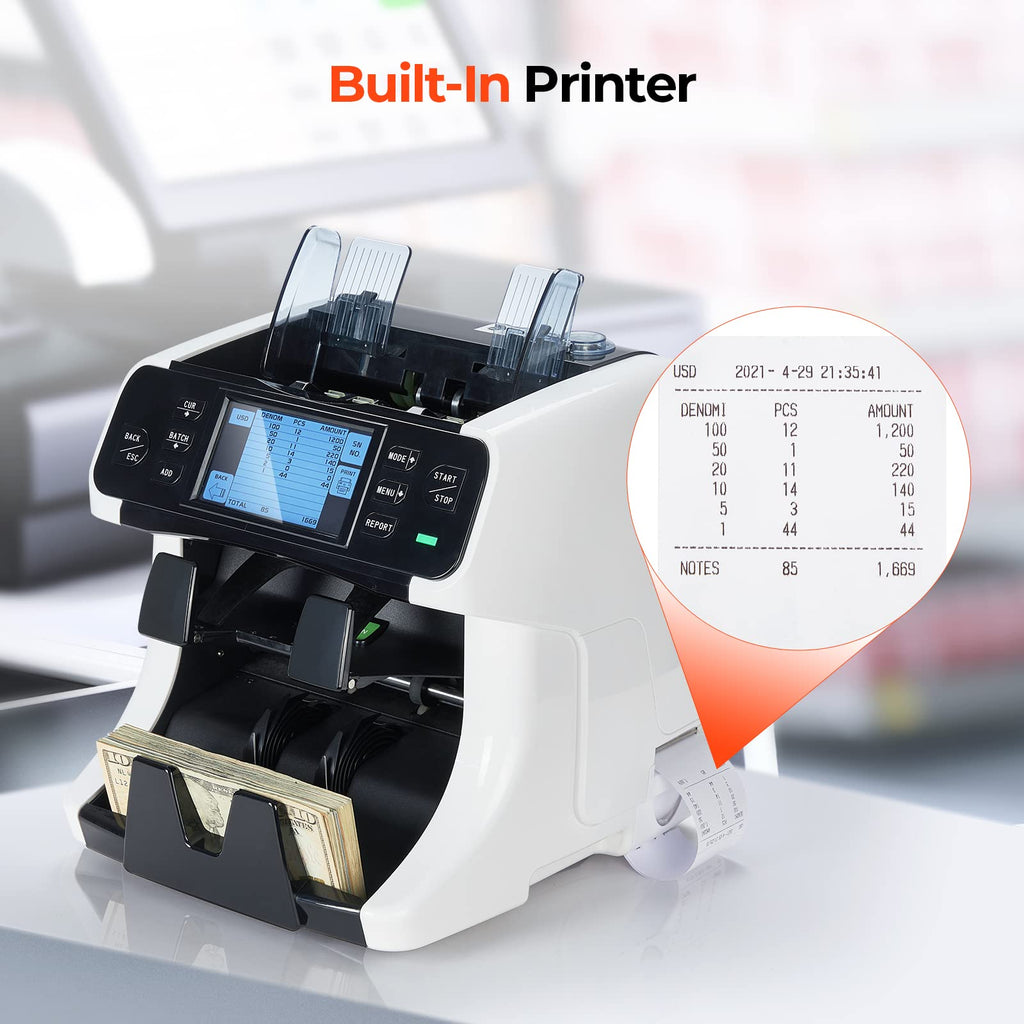 MUNBYN 2-Pocket Money Counter Machine Mixed Denomination, Money Sorter, Built-in Printer, Sort on DENOM/FACE/ORI, Value Counting, 2 CIS/UV/MG/IR Counterfeit Detection, Touch Screen, 2Y Protection