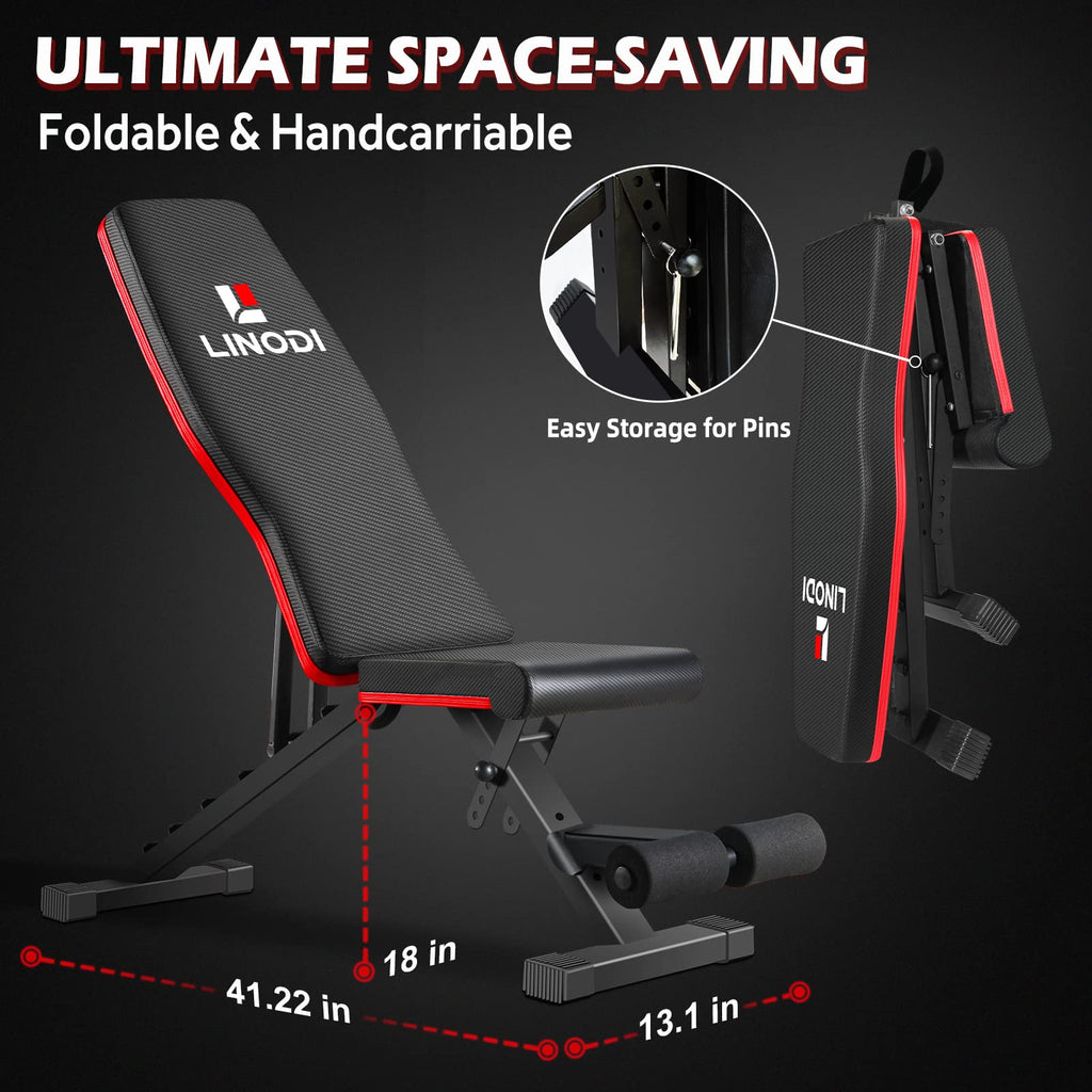 LINODI Adjustable Weight Bench for Home Gym，Foldable Incline Decline Flat Workout Bench for Full Body Strength Training, Dumbbell Press & Ab Exercises
