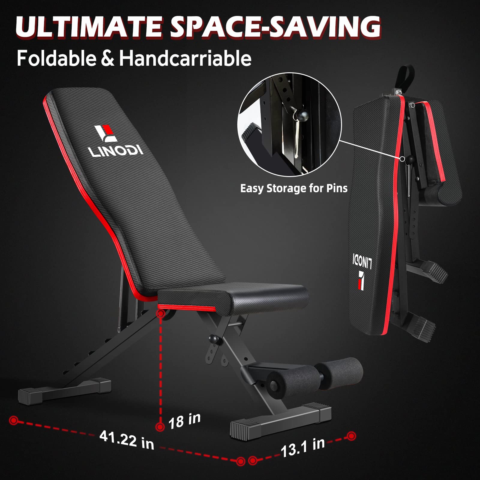 LINODI Adjustable Weight Bench for Home Gym，Foldable Incline Decline Flat Workout Bench for Full Body Strength Training, Dumbbell Press & Ab Exercises