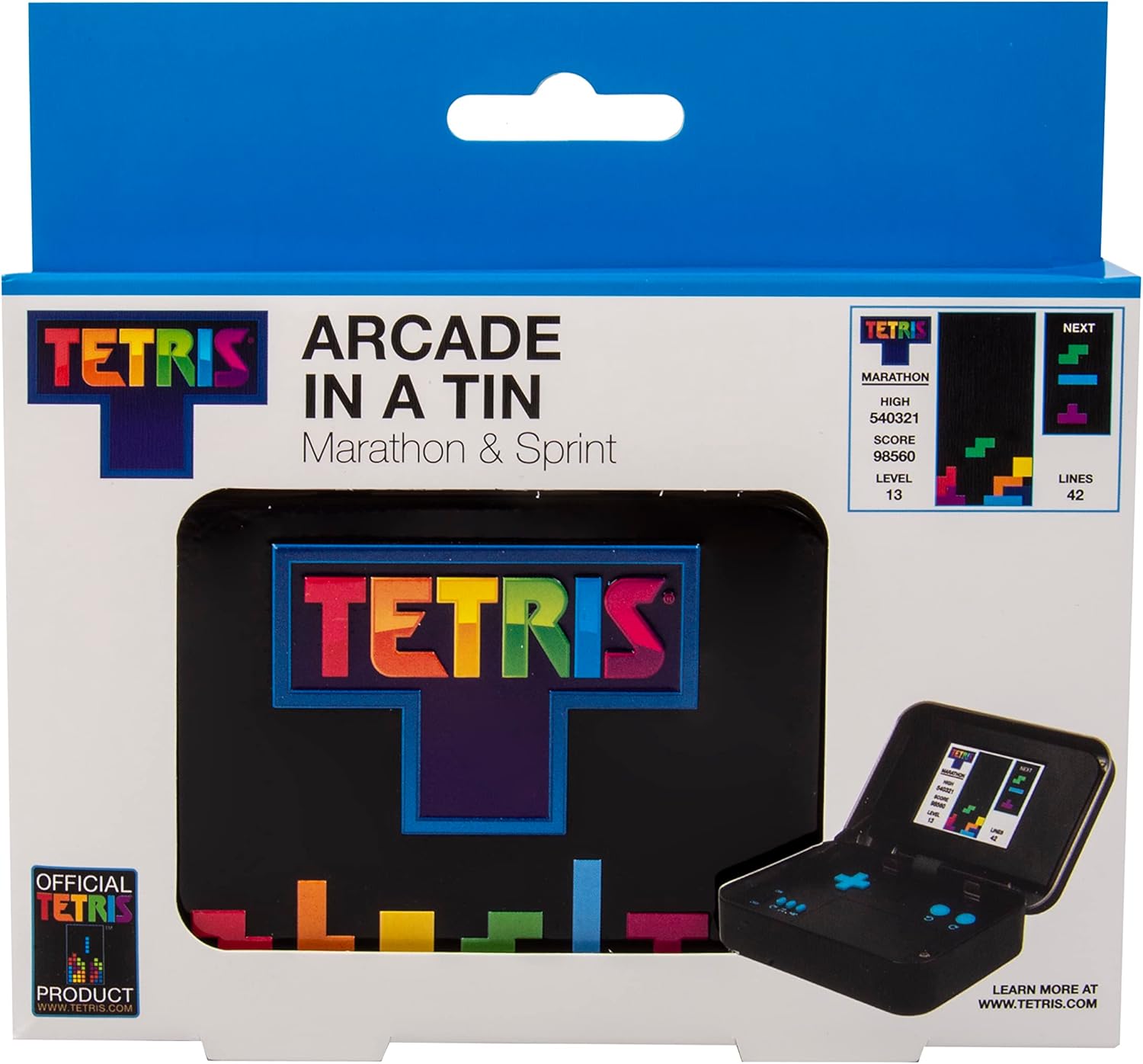 Tetris Arcade in a Tin: Retro Handheld Tetris Game. Portable Tetris Gift for Kids and Adults! Includes Original Sounds, 2.4” Screen. Full Color 8-bit Game. Officially Licensed Tetris Merchandise.