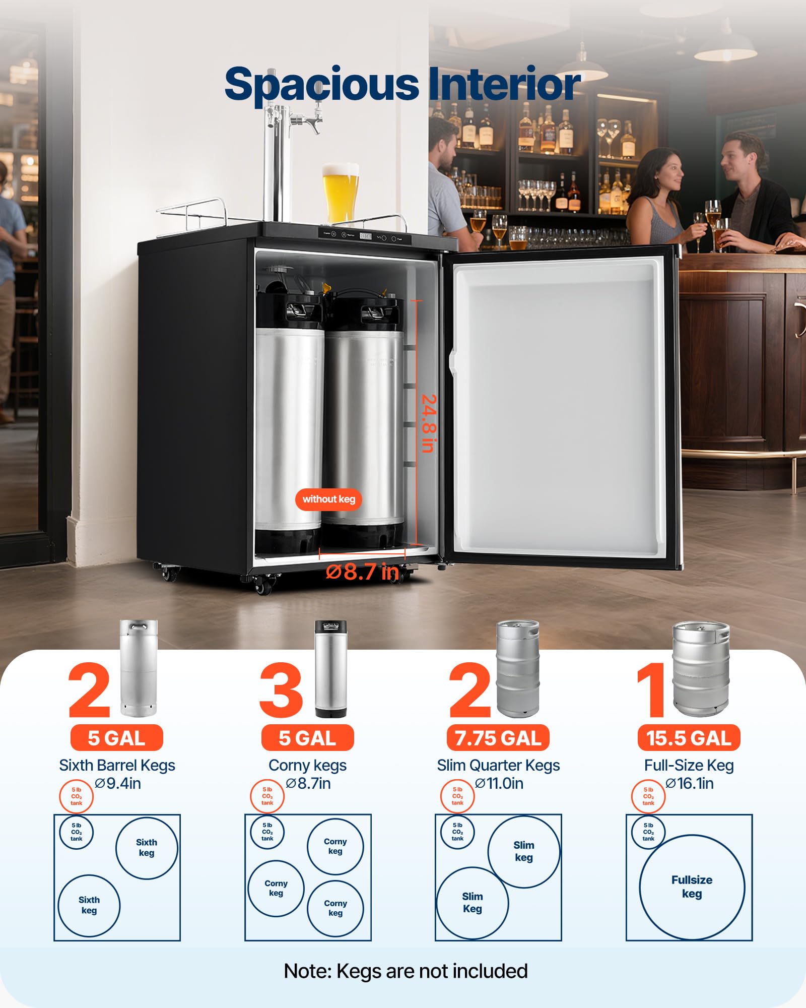VEVOR Beer Kegerator, Dual Tap Commercial Draft Beer Dispenser for D system, Full Size Keg Refrigerator with 5lbs CO2 Tank, Hold 2 Sixth / 2 Ball lock keg, Black
