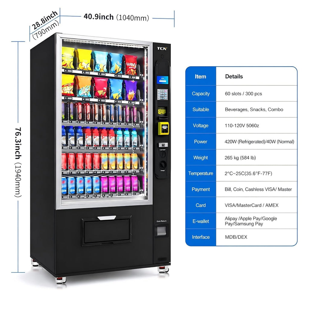 Combo Vending Machine with Card Reader, Snack & Drink Vending Machine for Business, 60 Selections 300 Capacity, Cashless Payment, Smart Vending Machine Commercial Use