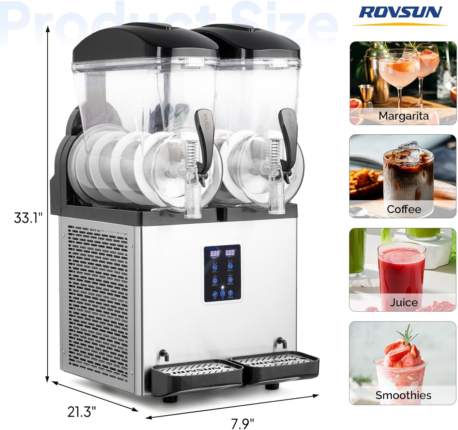 ROVSUN Margarita Machine 8 Gal/30L, 15L X 2 Tanks Slushie Machine Commercial Slushy Machine Slush and Juice Modes, Frozen Drink Maker Stainless Steel for Restaurant Bar Home Party 110V/60HZ