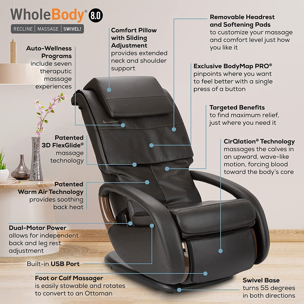 Human Touch WholeBody 8.0 Massage Living Room Recliner Swivel Chair - Full Body Professional Grade Personal Massage - Relaxation w Heat for Targeted Stress + Muscle Pain Relief with Foot Calf â€“ Bone