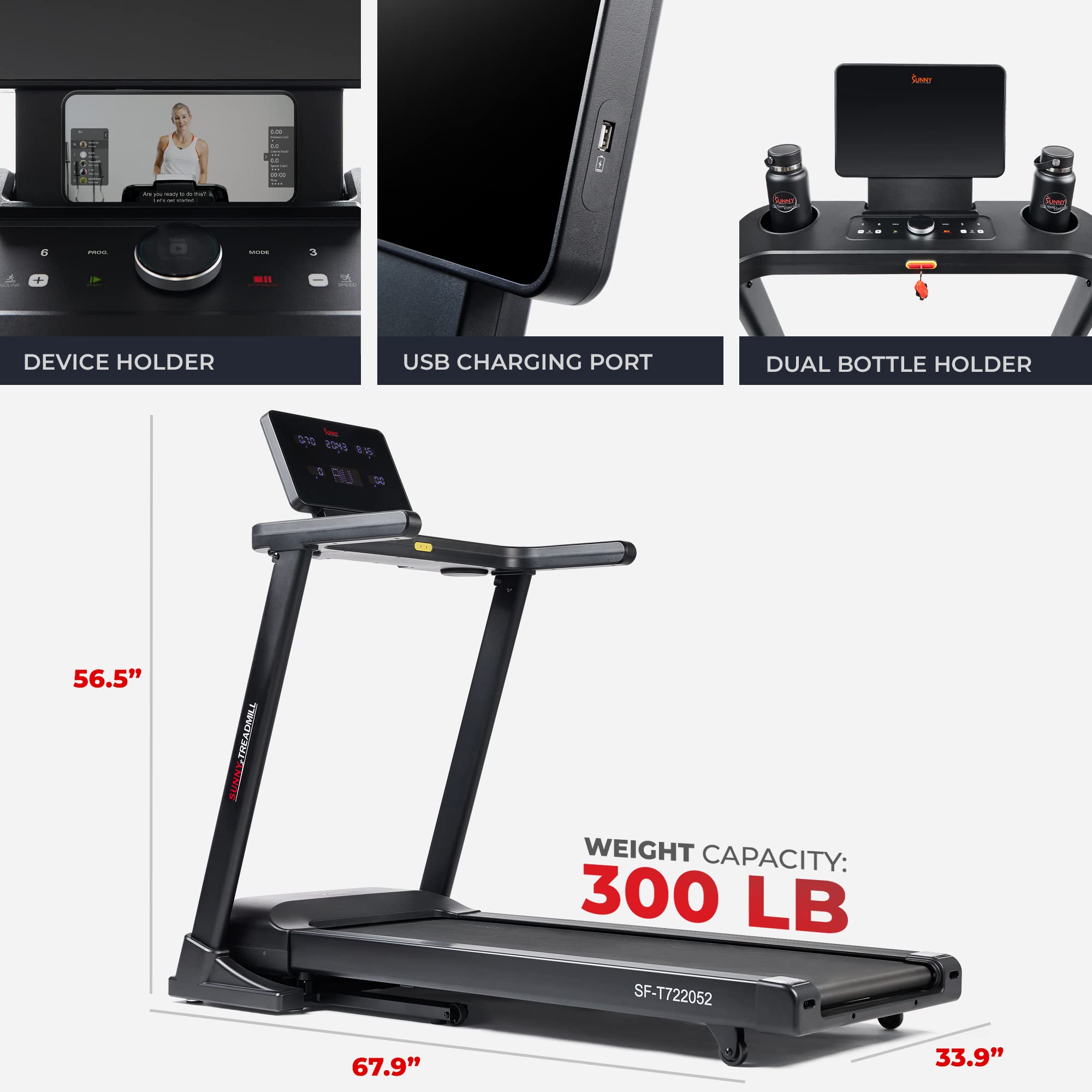 Sunny Health & Fitness Treadmill Elite Smart Auto Incline for Home Use, Wide Running and Walking Deck, Flex Shock Suspension with 300 LB Weight Capacity Bluetooth SunnyFit App