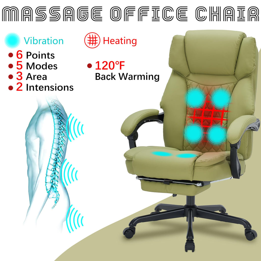 Massage Office Chair with Foot Rest 6 Points Vibration and Heat Home Office Desk Chairs for Heavy People 400lbs Reclining Managerial Chairs Ergonomic Executive Chair (Black)