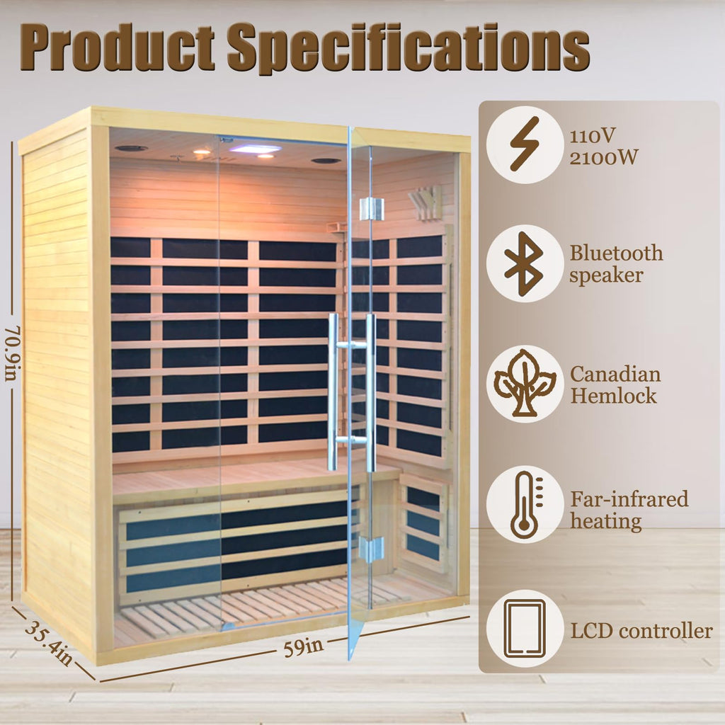 1350W Far Infrared Home Sauna, Energy-Efficient Fast-Heating Indoor Sauna Room with Bluetooth & 7-Color Therapy, Canadian Hemlock Wood, Modular Design - Ideal for Home Gym, Family Relaxation
