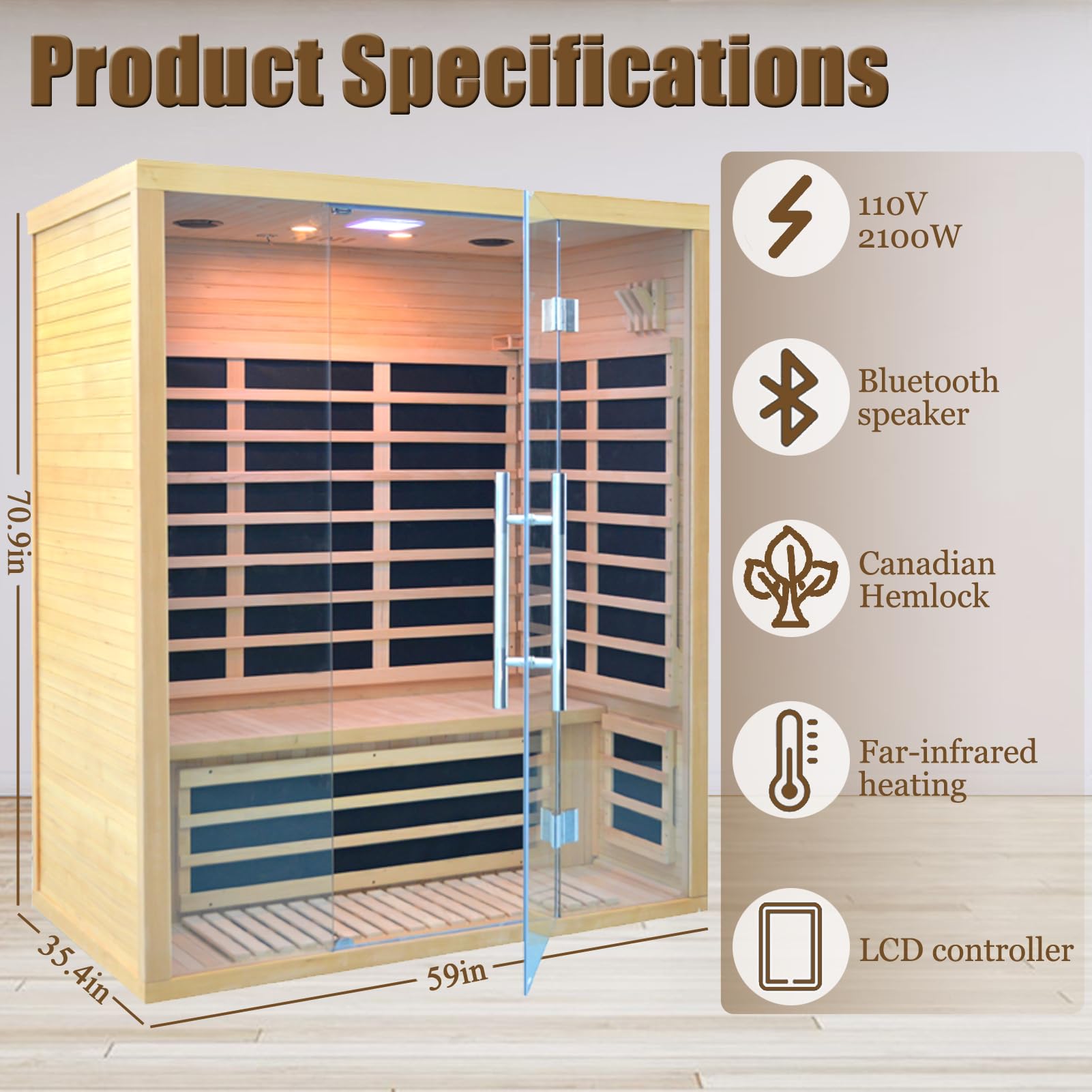 1350W Far Infrared Home Sauna, Energy-Efficient Fast-Heating Indoor Sauna Room with Bluetooth & 7-Color Therapy, Canadian Hemlock Wood, Modular Design - Ideal for Home Gym, Family Relaxation