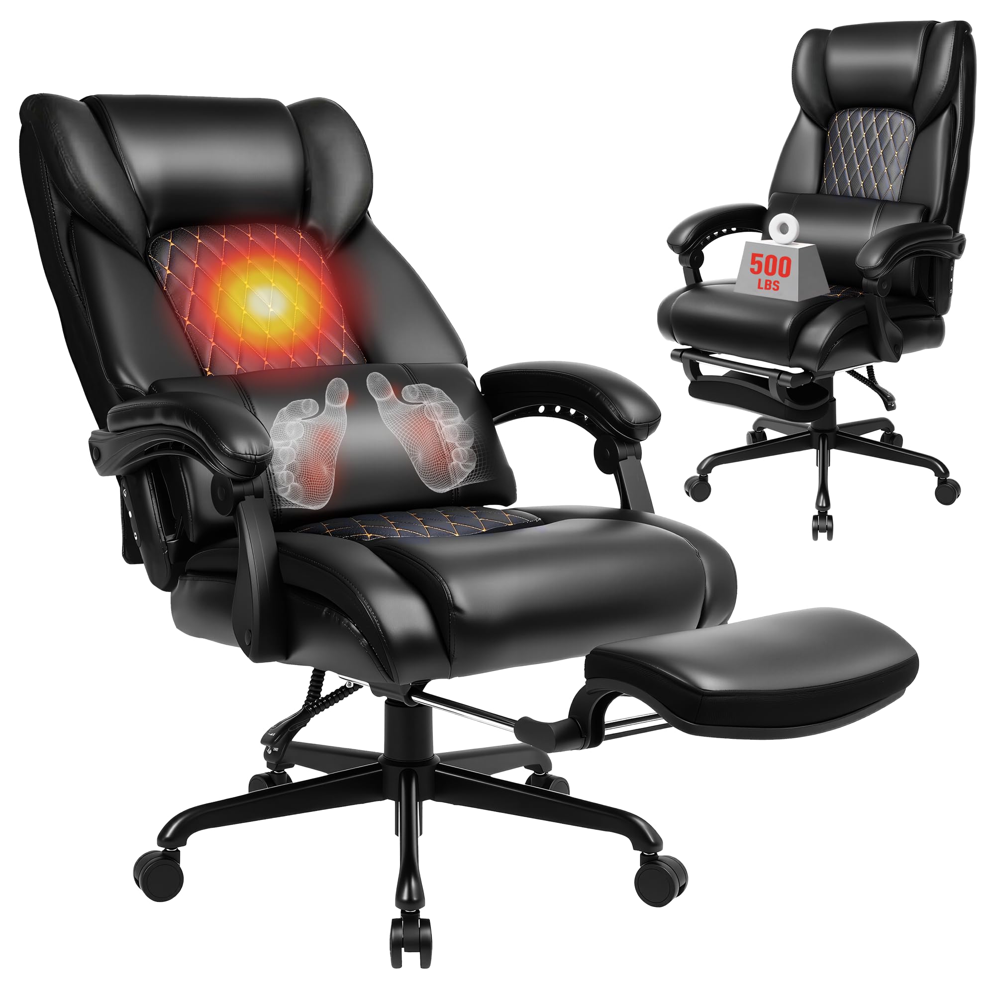 3D Kneading Massage Office Chair with Heat, 500 lbs Big and Tall Executive Computer Desk Recliner, Leather Electric Heated Chair with Footrest, Black