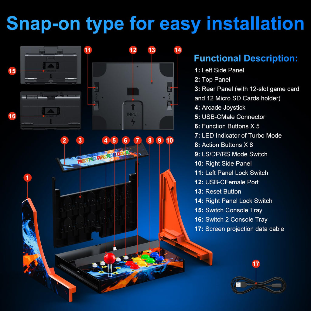 Retro Arcade Machine for Switch/OLED/Switch 2 with Screenshot Icon Button, Orange and Blue (Screen Not Included)