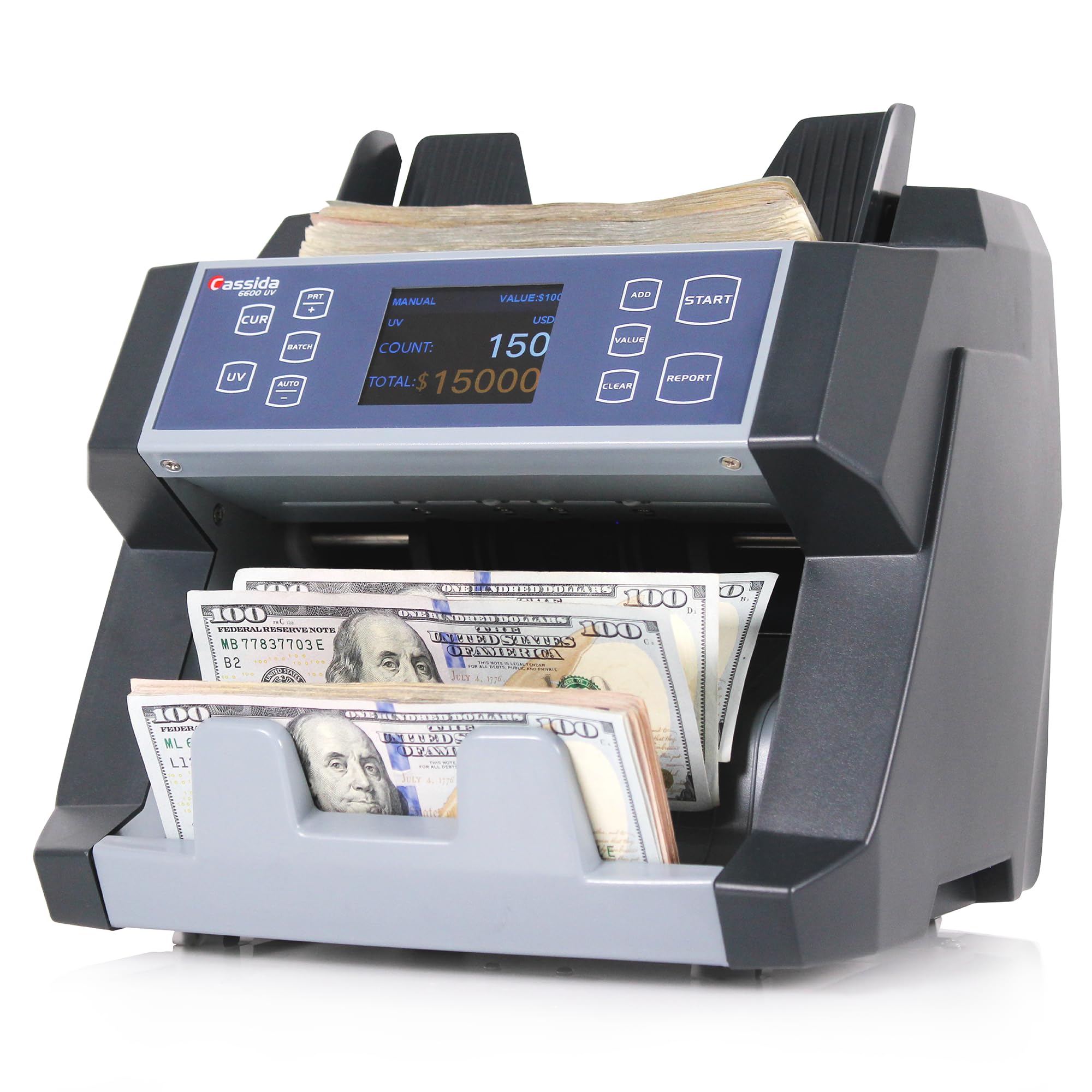 Cassida 9900R V2 2-Pocket Premium Bank Grade Money Counter Machine Mixed Denomination, Bill Sorter, Value Counting, Printer Enabled, 2 CIS, UV/MG, IR/IT Counterfeit Detection with Built-in Printer