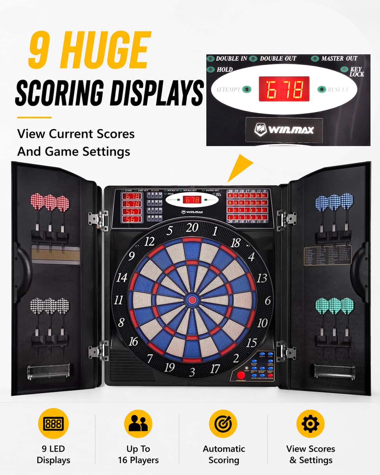 WIN.MAX Electronic Dart Board, Soft Tip Dartboard Cabinet Set for Adults, LED Scoring Dartboard with 38 Games & 211 Variants, Up to 16 Players, 12 Darts+40 Tips, Wall Mount for Bar Game Room Man Cave