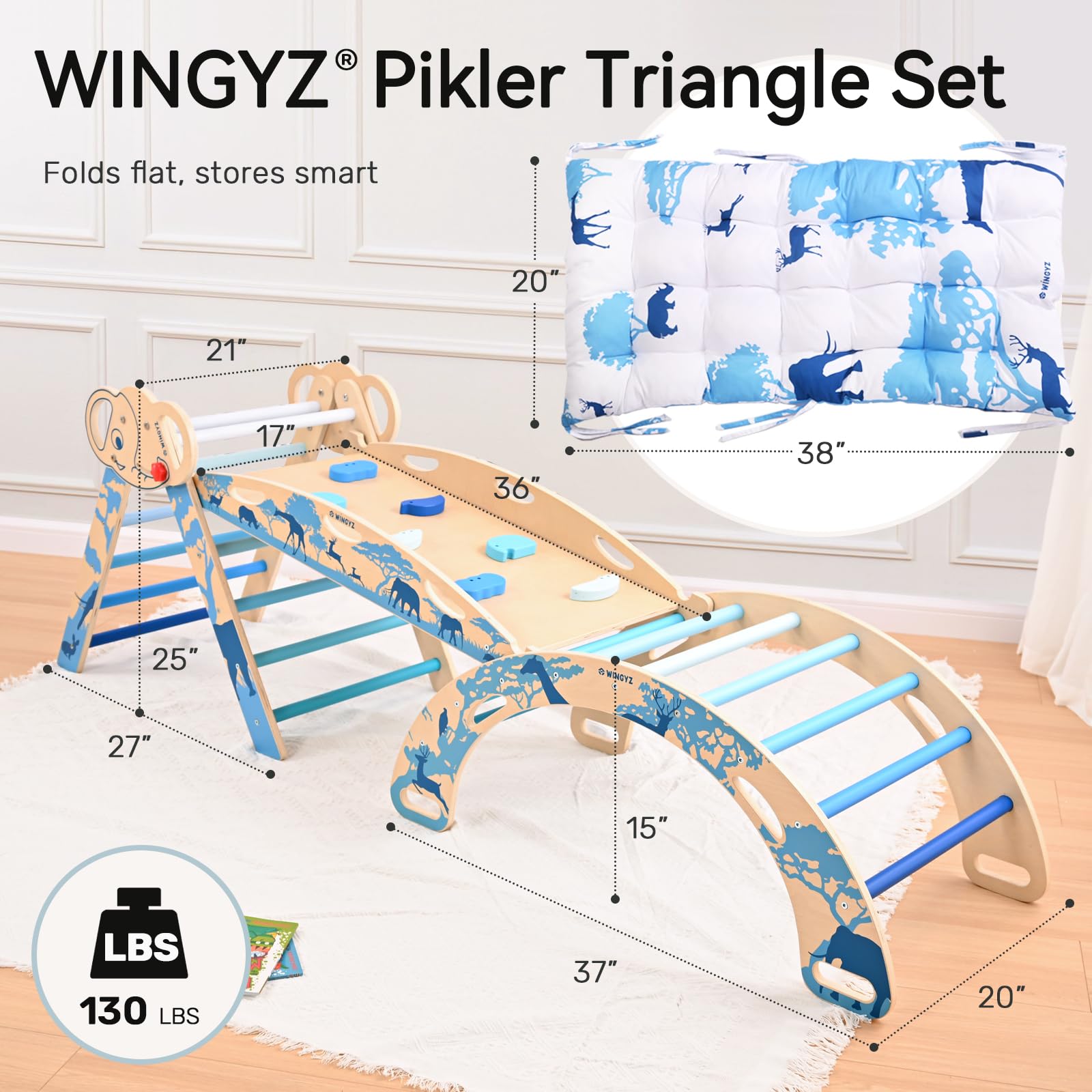 WINGYZ Pikler Triangle Set, Montessori Foldable 8-in-1 Jungle Gym & Reversible Animal Slide, Patent-Protected Climbing Set, Safe 2.35" Gap ASTM F963 Standards for Toddlers 18 Months-5 Years (Rainbow)