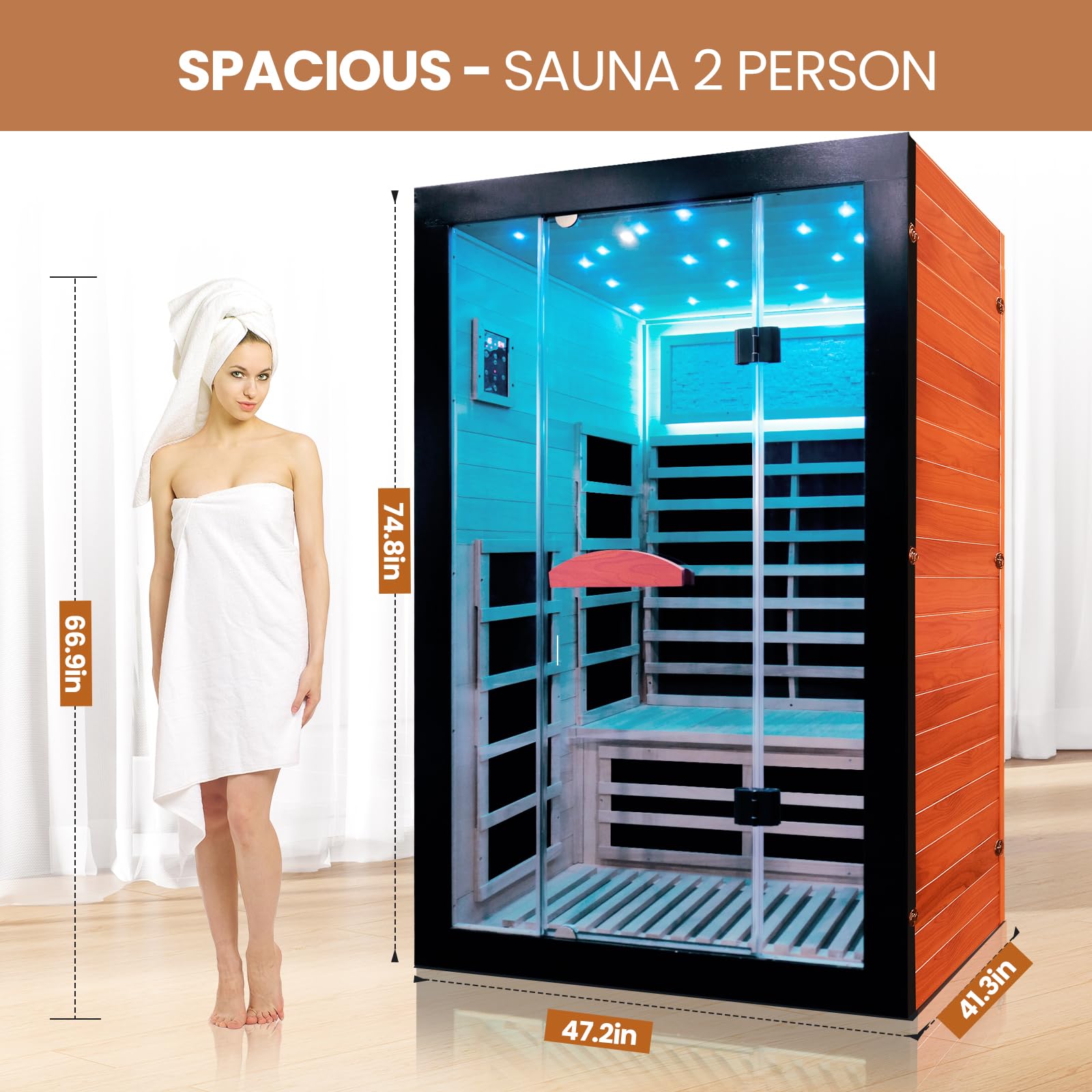 2 Person Infrared Sauna Far Infrared Sauna Room for Home Indoor 2000W Low-EMF Wood Dry Sauna with Full Starry Sky Lights Ceiling in 7 Color Speaker Fast Heating Easy Assembly- 47.3*41.3*74.8 IN