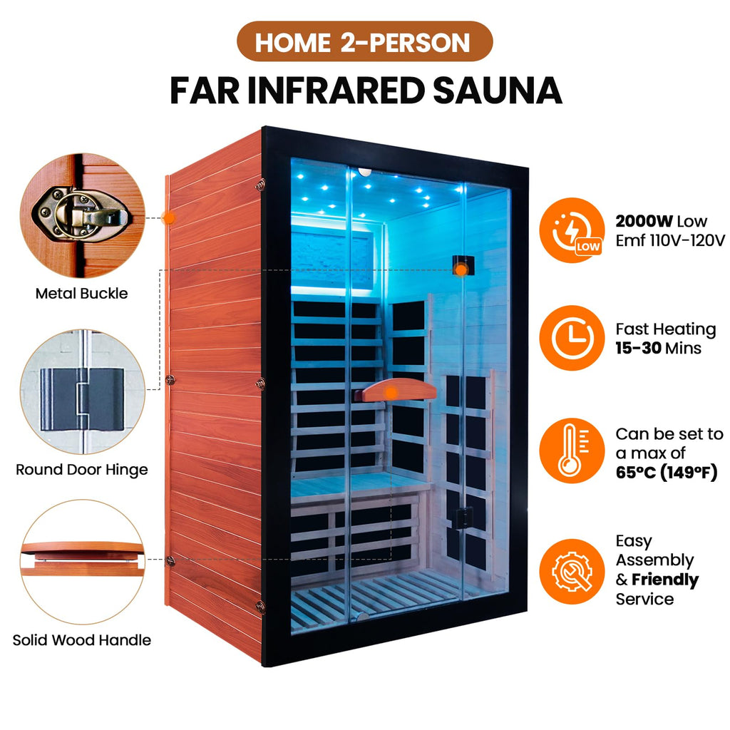 2 Person Infrared Sauna Far Infrared Sauna Room for Home Indoor 2000W Low-EMF Wood Dry Sauna with Full Starry Sky Lights Ceiling in 7 Color Speaker Fast Heating Easy Assembly- 47.3*41.3*74.8 IN
