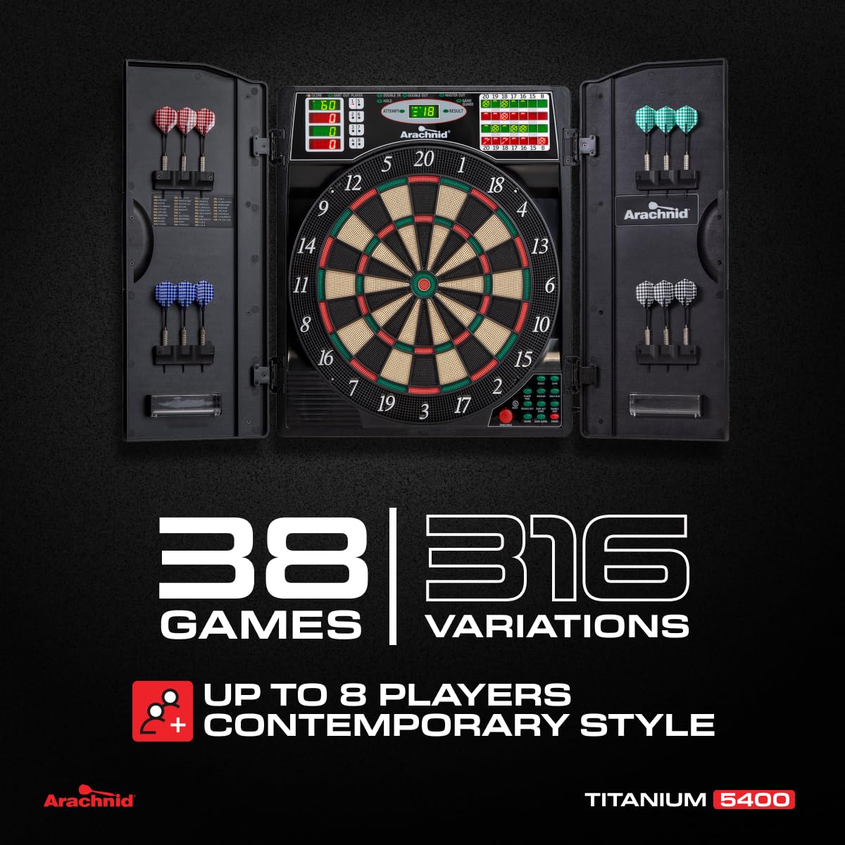 Arachnid Titanium 5400: 13.5” Target with Integrated Cabinet. Offers 38 Games, 316 Variations, Color LED Scoring, and Solo Play. Includes Double in/Out Modes for Competitive Game Room Fun.