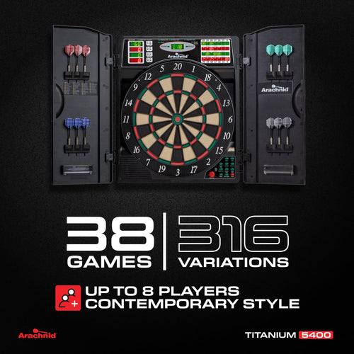 Arachnid Titanium 5400: 13.5” Target with Integrated Cabinet. Offers 38 Games, 316 Variations, Color LED Scoring, and Solo Play. Includes Double in/Out Modes for Competitive Game Room Fun.