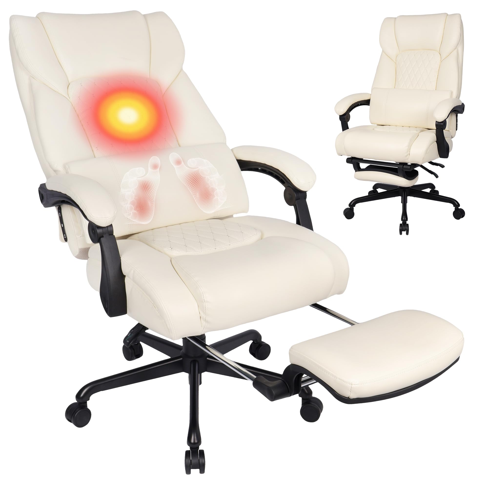 3D Kneading Massage Office Chair with Heat, 500 lbs Big and Tall Executive Computer Desk Recliner, Leather Electric Heated Chair with Footrest, Black