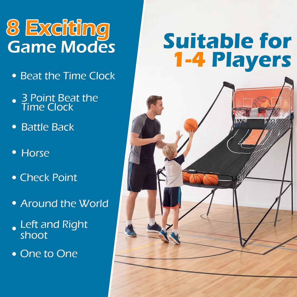 GYMAX Arcade Basketball Game Indoor Foldable with 8 Game Modes, Arcade Sound, 4 Balls and Inflation Pump, Electronic Basketball Games for Home