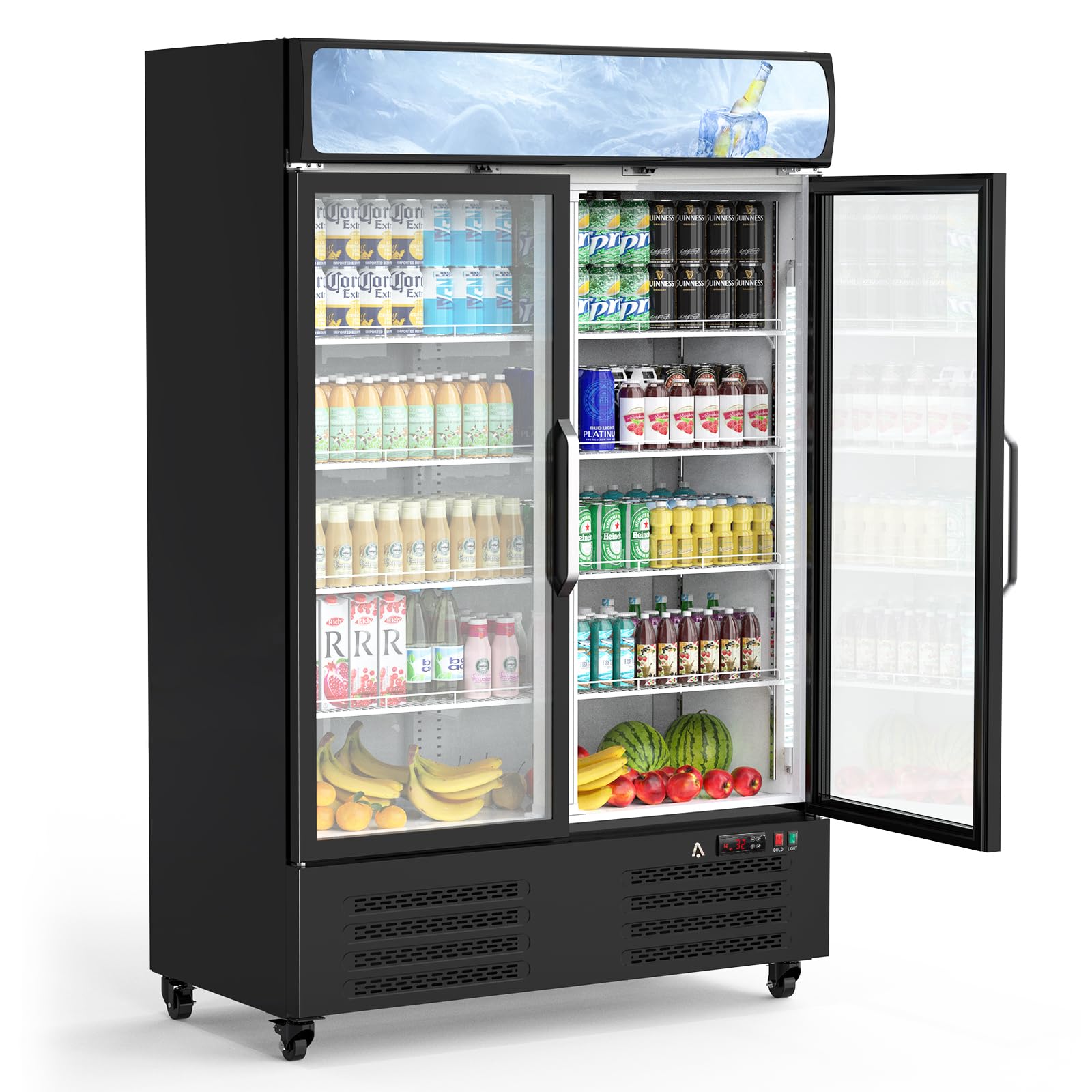 IDEALHOUSE Commercial Refrigerator, Commercial Merchandiser 26.8 Cu Ft Refrigerator, Refrigerator with 2 Glass Door and LED Light, Large Business Cooler for Home Restaurant Grocery Stores