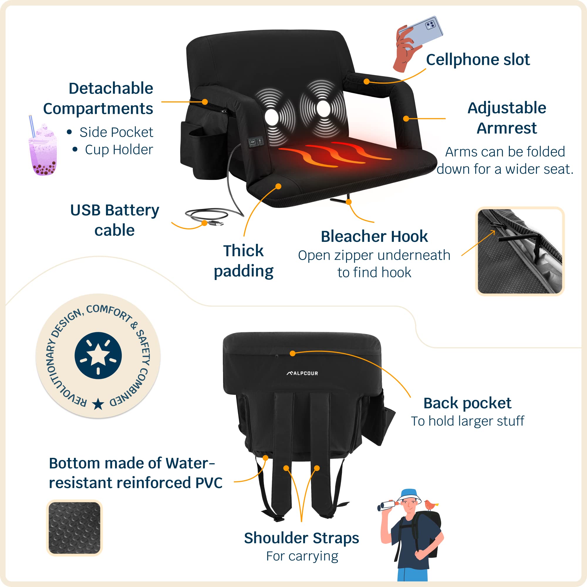 Alpcour Heating Massage Stadium Seat – Deluxe Reclining Bleacher Chair with Back & Arm Support – Built-in Heater and Massager - Extra Thick, Lightweight and Waterproof with Detachable Pockets