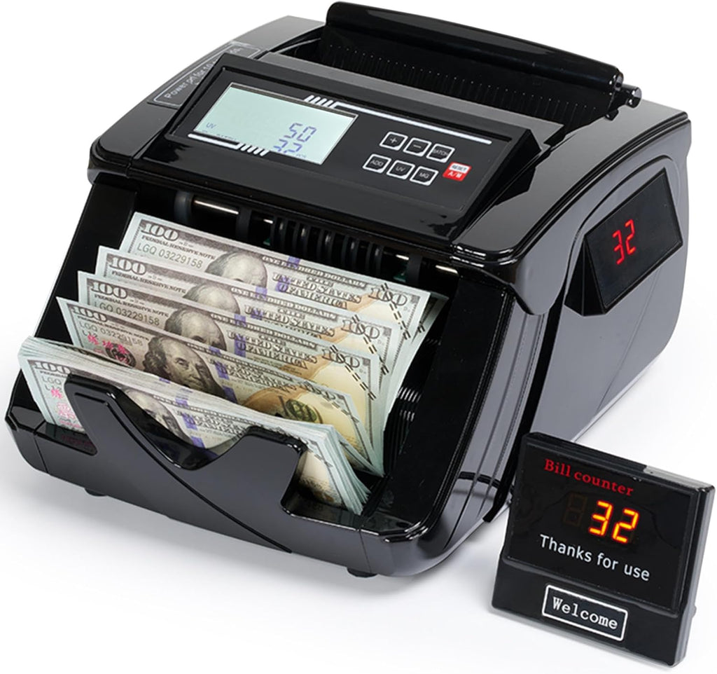 BODIOO Professional Money Counter Machine with UV/MG/IR/DD Detection, High-Speed 1000 Bills per Minute, USD and EUR Support, External LCD Display,Black
