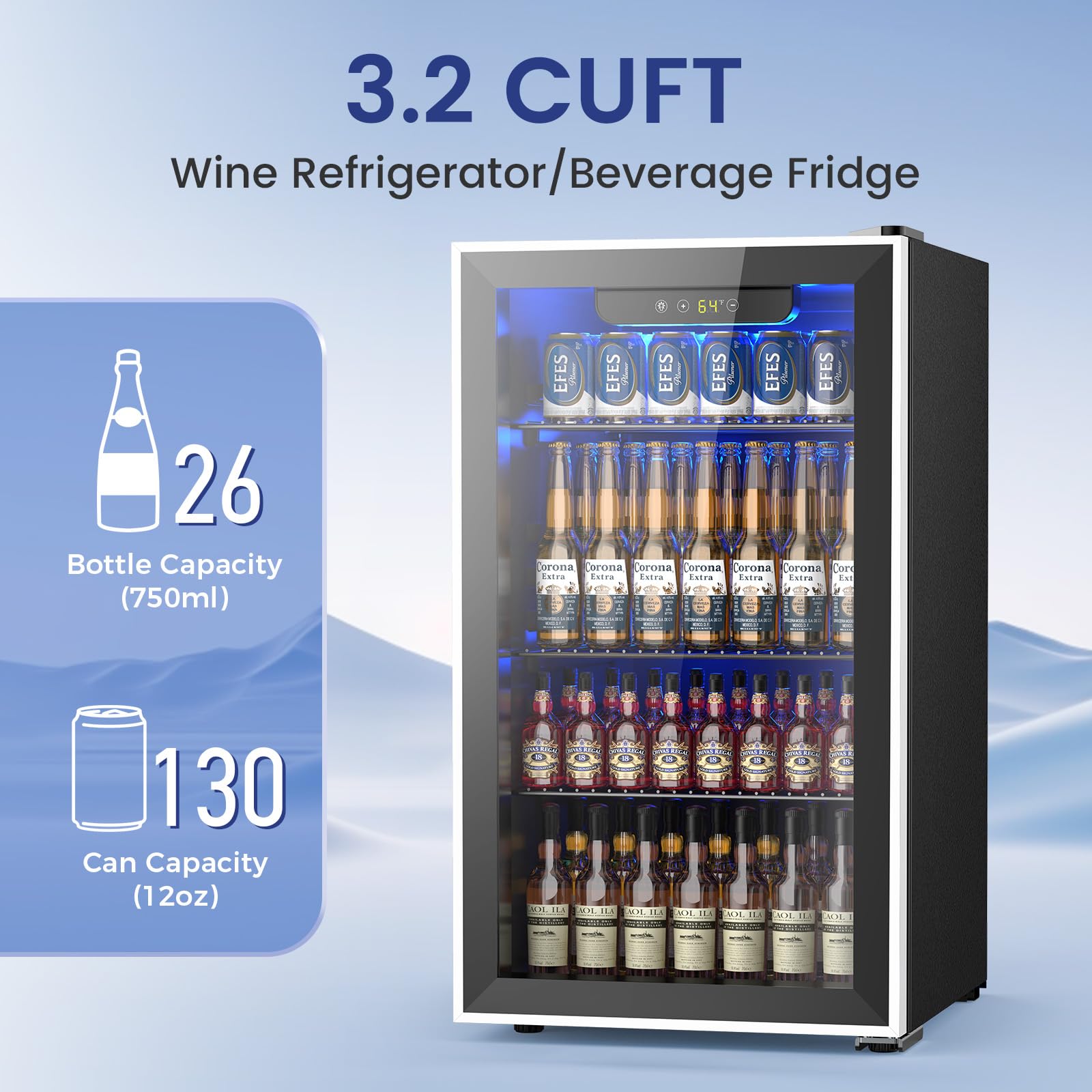 Electactic 50 Cans Beverage Refrigerator Cooler, 1.3 Cu.ft Mini Fridge Countertop Drink Cooler with Glass Door for Beer, Soda,Wine, Adjustable Digital Temperature Control for Home Dorm Bar, Black