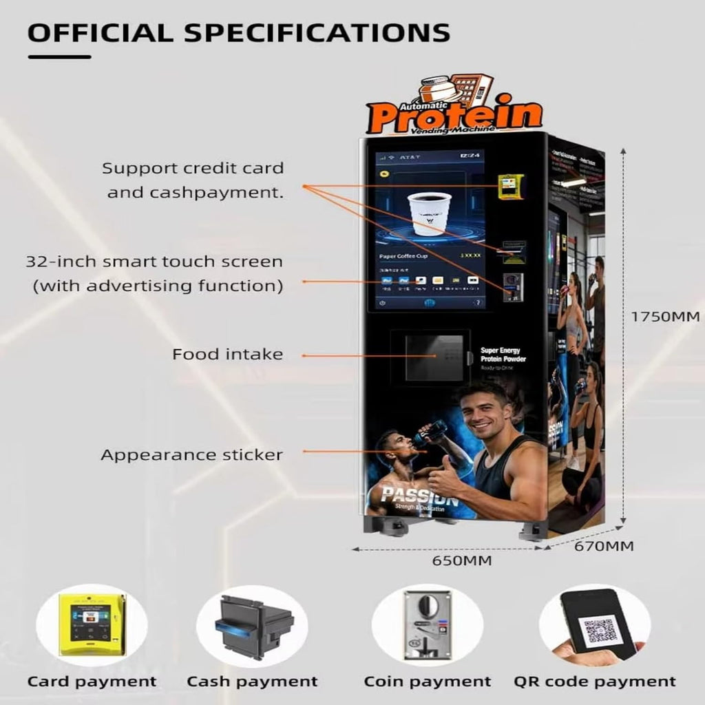 Commercial protein shake vending machine, 24-hour self-service, touch screen, multiple payment methods, suitable for gyms and offices.