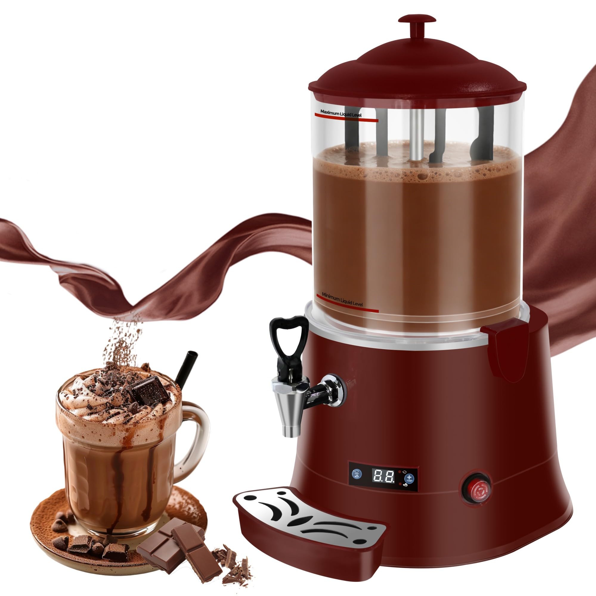 10L Commercial Hot Chocolate Machine & Beverage Dispenser, 110V Chocolatera with 86–194°F Adjustable Temperature Control, Removable PC Bowl for Cocoa