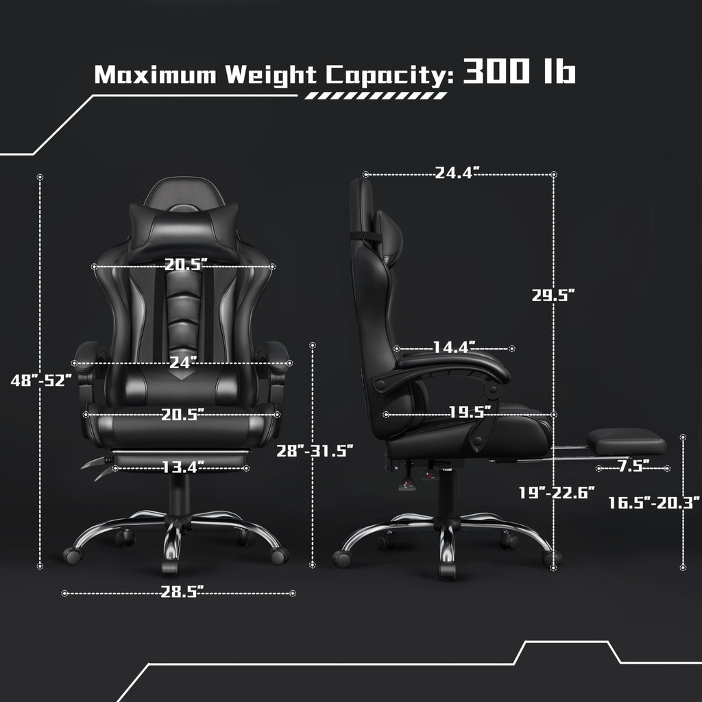 Yaheetech Gaming Chair with Electric Massage Lumbar Support, Footrest & Headrest — Ergonomic High Back Recliner for Home Office, Computer Desk Chair, Height Adjustable, 300 lbs, Black/White