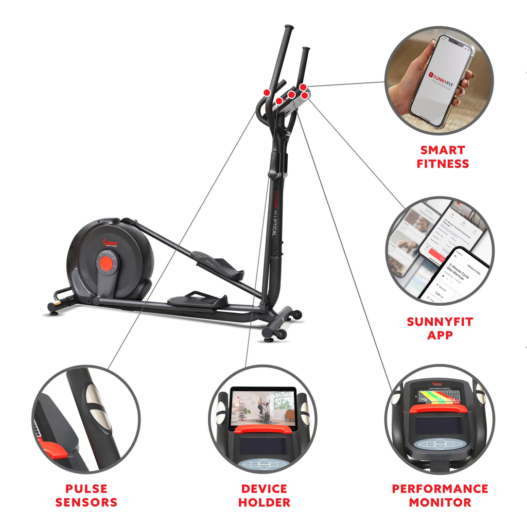 Sunny Health & Fitness Smart 17" Stride Elliptical Machine Trainer with Built-in Pulse Sensor and 16-Level Tension for Home Exercises with SunnyFit App Bluetooth Access