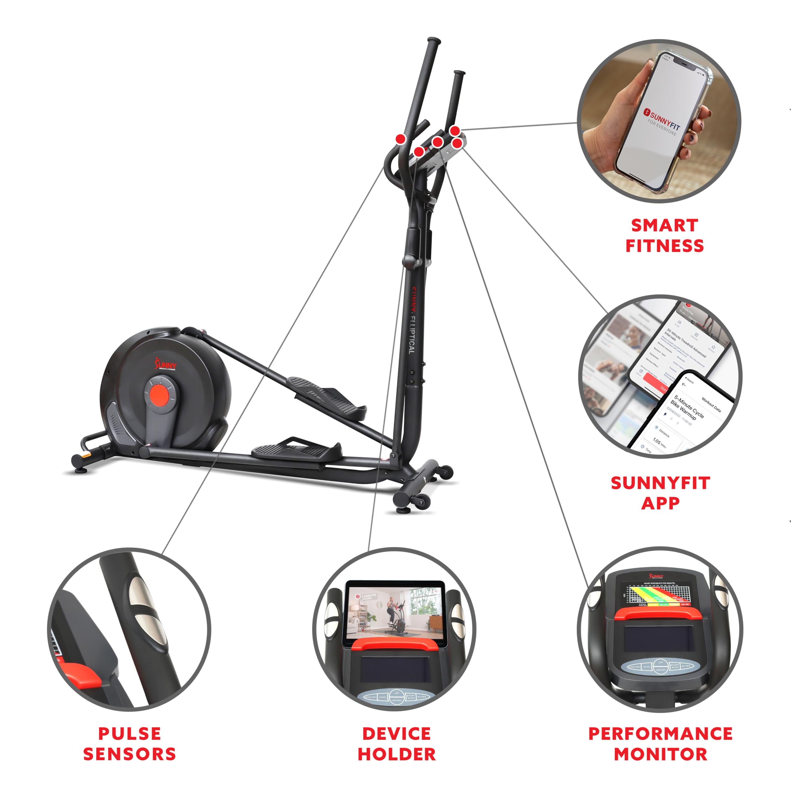 Sunny Health & Fitness Smart 17" Stride Elliptical Machine Trainer with Built-in Pulse Sensor and 16-Level Tension for Home Exercises with SunnyFit App Bluetooth Access
